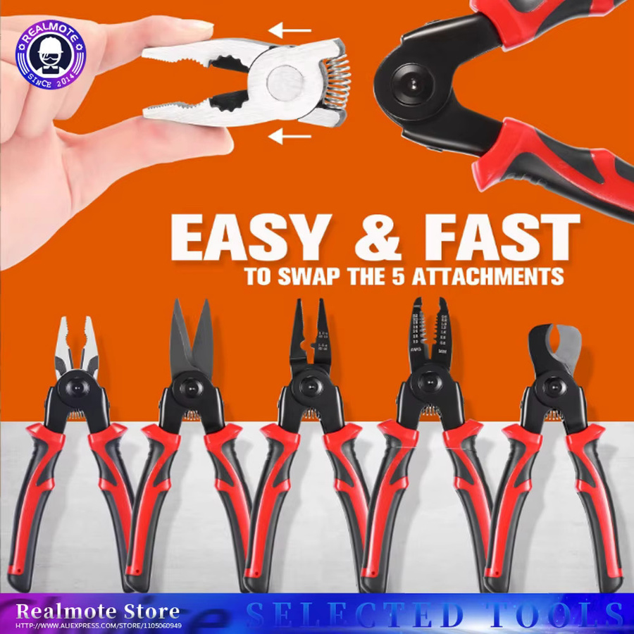 Realmote 5-in-1 Multitool Zangen-Set mit Schnellwechsel-Köpfen, Drahtschneider, Schere, Kabelschneider, Abisolierzange und Crimpzange - Bild 6