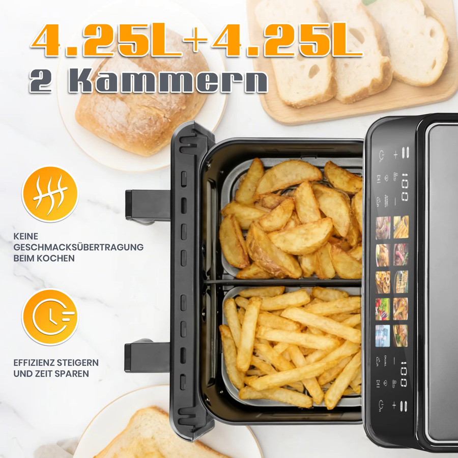 Sinaopus XXL Heißluftfritteuse 8,5 L mit Doppelkorb, 2000W und LED-Touch-Fenster, Ölfreier Ofen mit 10 Programmen - Bild 2