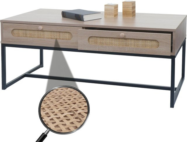 Couchtisch MCW M41 in Eiche-Optik mit Rattan und Schublade, braun - Bild 1