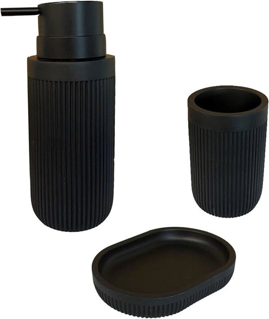 Relaxdays Badaccessoires Set aus Polyresin in Schwarz, 3-teilig bestehend aus Seifenspender, Seifenschale und Zahnputzbecher - Bild 1