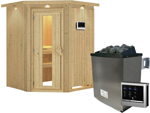 Karibu Sauna Tartu aus Fichtenholz mit 9 kW Saunaofen und externer Steuerung für 3 Personen, beige - Bild 1