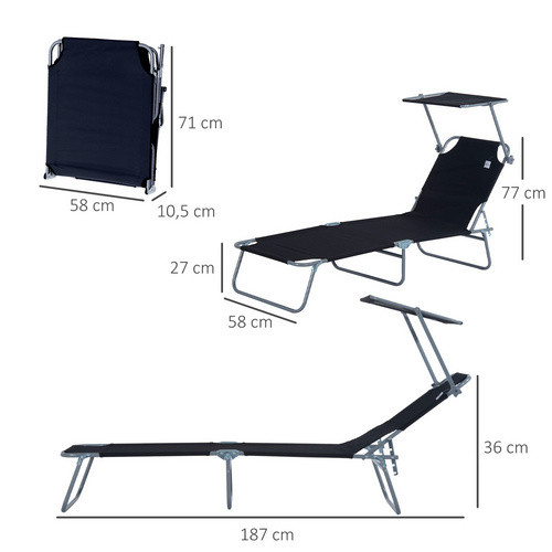 Outsunny Gartenliege aus Metall und Textilene in Schwarz mit Sonnenverdeck und verstellbarer Kopfstütze, B/T/H: 187 x 58 x 36 cm - Bild 7