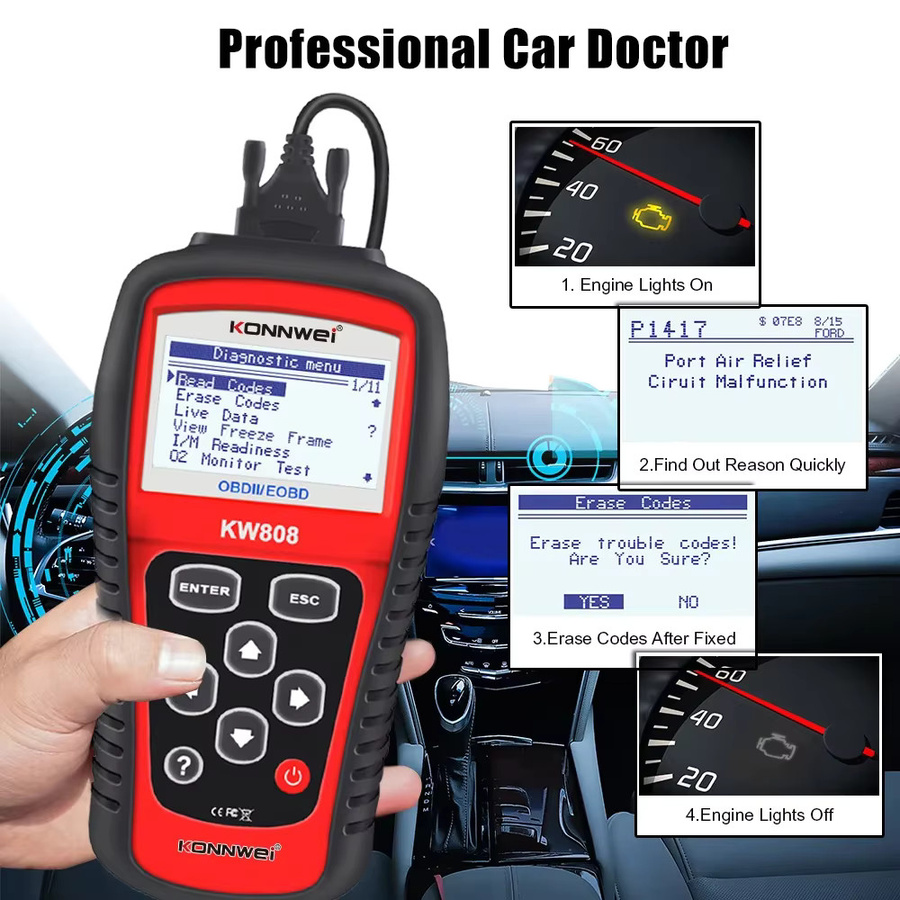 KONNWEI KW808 OBD2 Diagnose Scanner in Schwarz zur Fehlercode-Auslesung und Motorlicht-Überprüfung - Bild 2