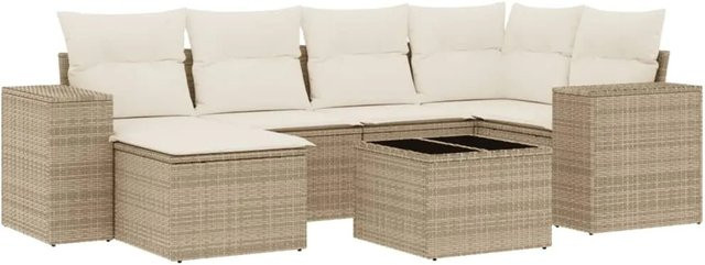 vidaXL 7-teilige Garten-Sofagarnitur in L-Form aus beige farbenem Poly-Rattan mit wetterfesten Kissen und pulverbeschichtetem Stahlgestell - Bild 1