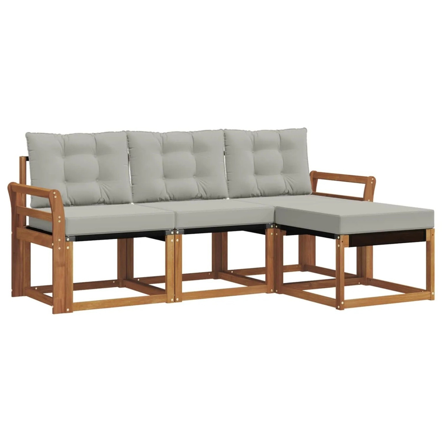 vidaXL Outdoor-Sofagarnitur 4-teilig aus Akazienholz und Textilene in Grau mit Kissen und Hocker im L-Shape Design - Bild 2
