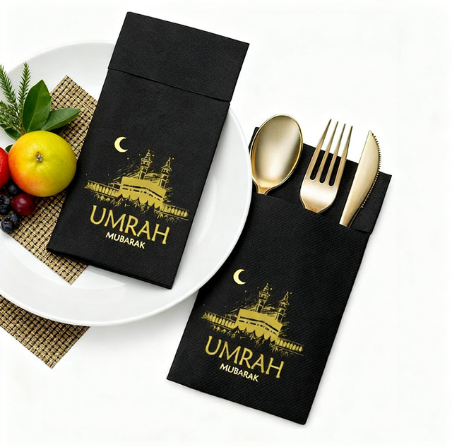 5er Set Umrah Mubarak Einwegservietten und Bestecktaschen aus Papier in Schwarz für islamische Tischdekoration zu Ramadan und Eid - Bild 1