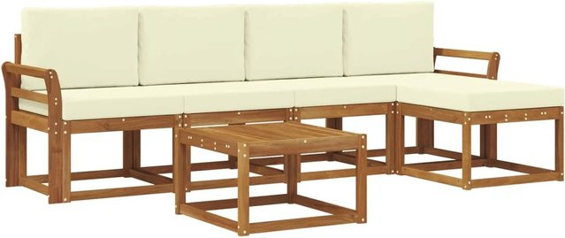 vidaXL Outdoor-Sofagarnitur aus Akazien-Massivholz, 6-teiliges L-Shape Set in Natur und Creme mit Polstern für Garten, Balkon und Terrasse - Bild 1