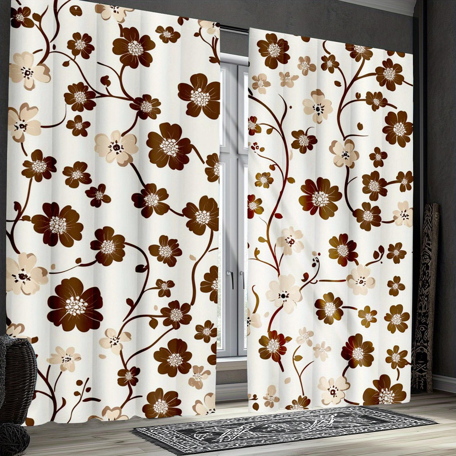 Tonnika Chen Set aus 2 lichtblockierenden Vorhängen mit floralem geometrischem Blumenmuster in Beige und Braun, Breite: 100 cm, Höhe: 70 cm - Bild 2