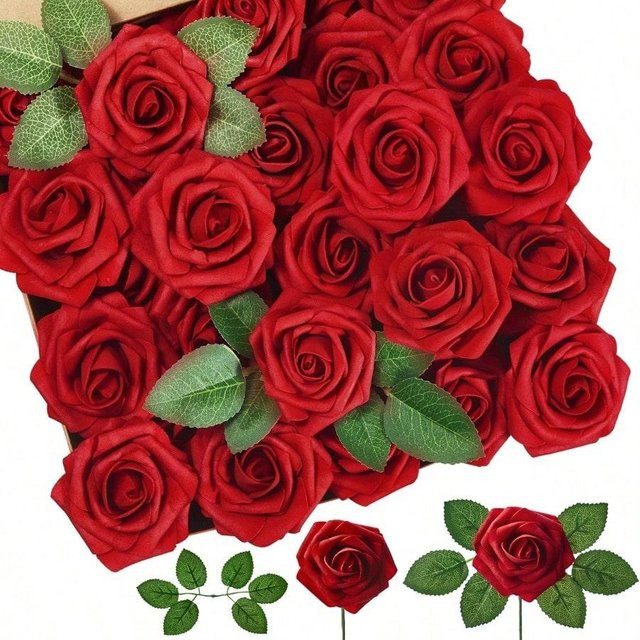 25 Stück Künstliche Rosen von chenxiaogang in Rot mit Stielen aus Schaumstoff für DIY Hochzeitsstrauß und Dekoration - Bild 1