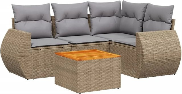 vidaXL 5-teilige Garten-Sofagarnitur in L-Form aus Poly-Rattan mit Kissen in Beige und Grau - Bild 1