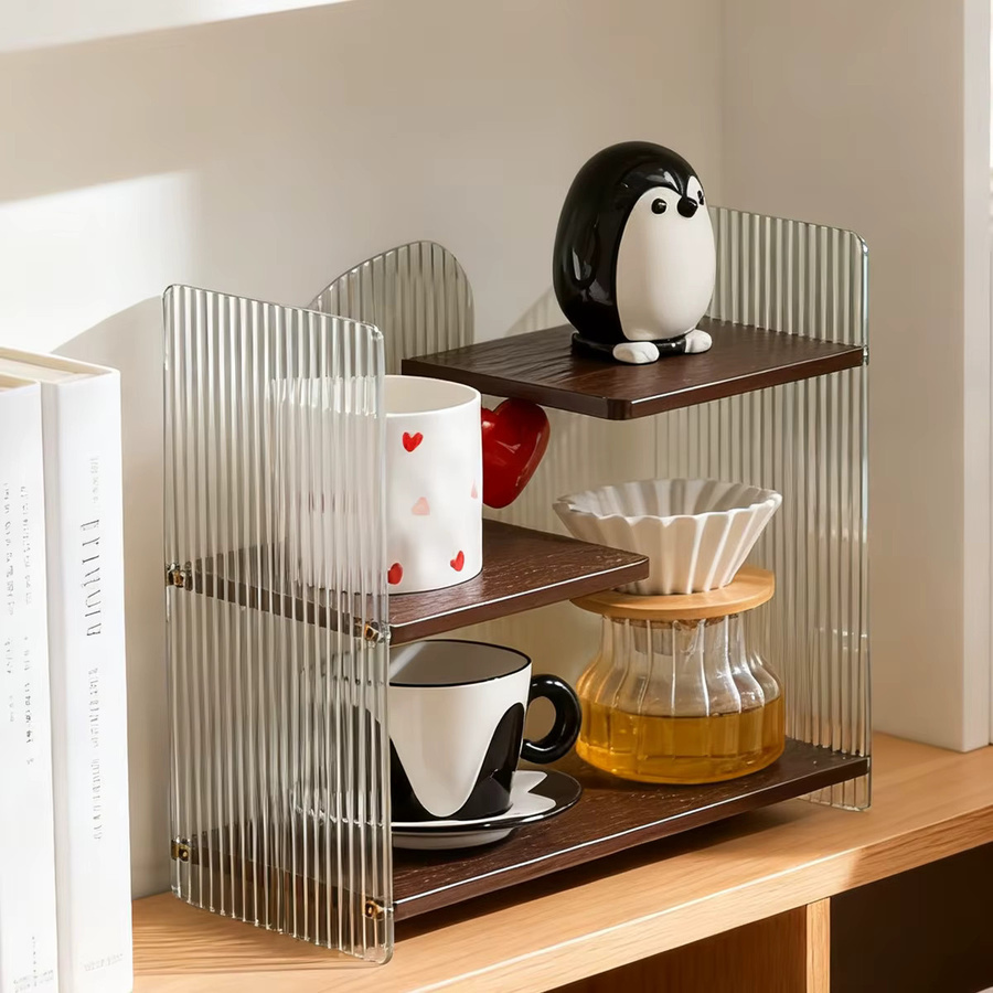 3-stufiger Schreibtisch-Organizer aus Acryl und Bambus in Transparent und Braun mit mehreren Fächern - Bild 3