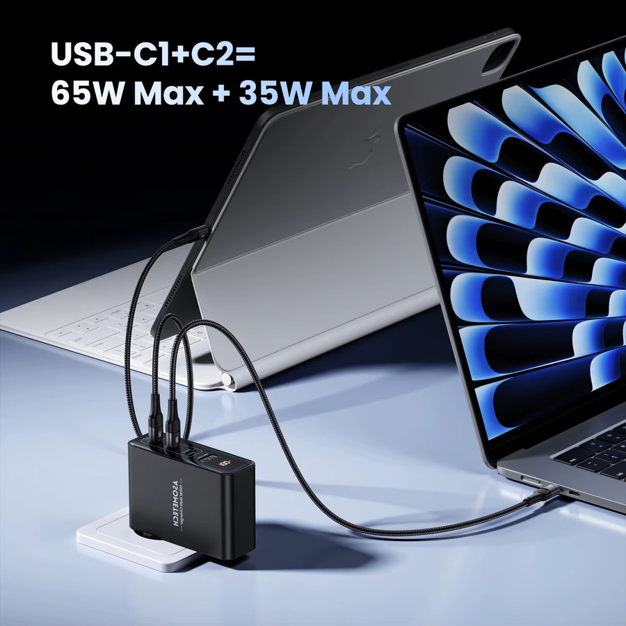 TOPZERO 100 W GaN Ladegerät mit 4 USB Typ C Ports, PD 3.0 PPS Schnellladegerät für Macbook Pro, Laptop, iPhone und Xiaomi Tablet, Schwarz - Bild 4
