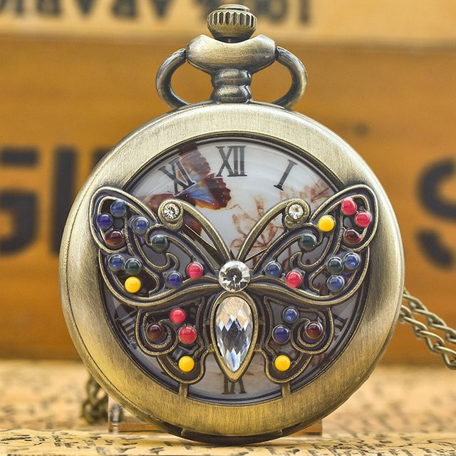 wecin Taschenuhr Halskette, Schmetterling, Quarz, Bronze, Unisex - Bild 1