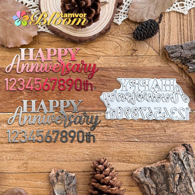 Metall-Stanzformen für Scrapbooking mit den Wörtern Glückliche Jubiläen und Zahlen in Silber - Bild 1
