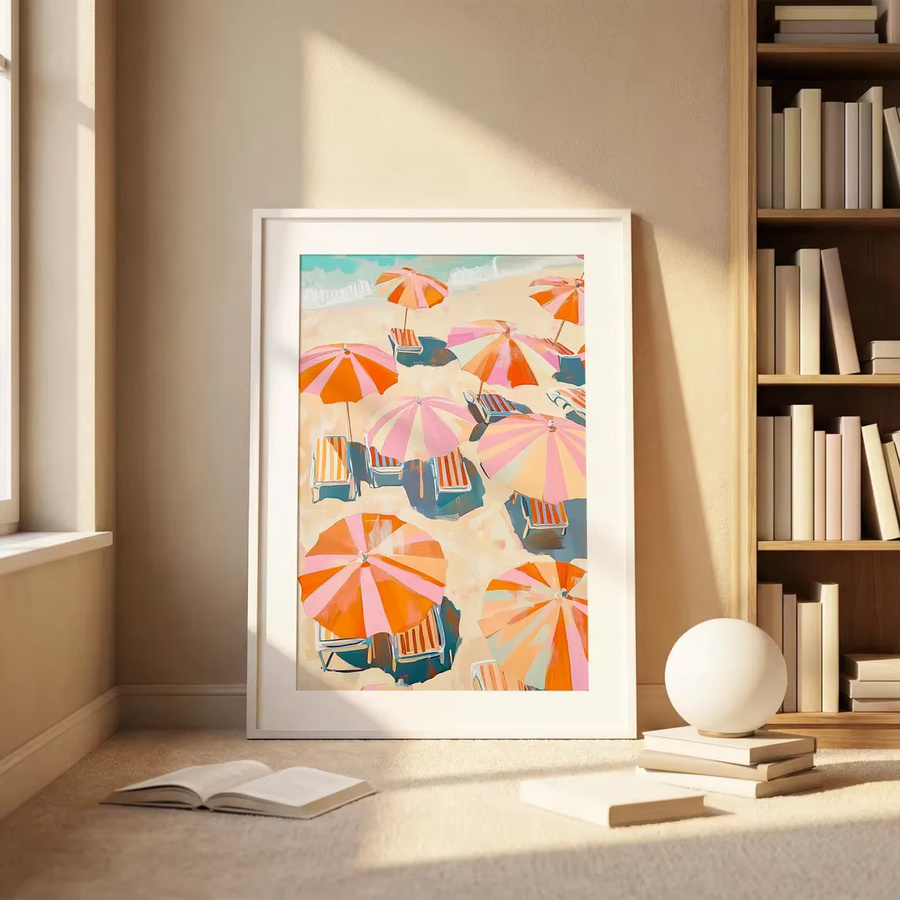 Modernes Impasto-Wandgemälde mit gestreiften Sonnenschirmen am Strand in Pink und Orange von SHENCHEN - Bild 2
