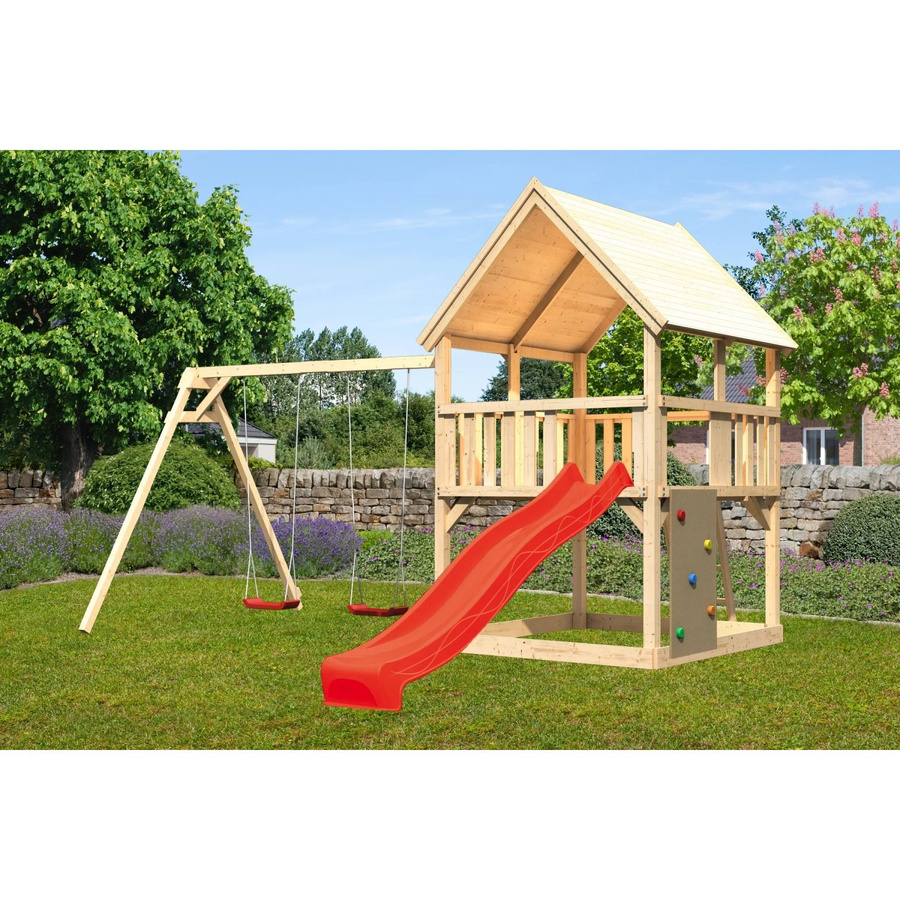 Karibu Spielturm Luis mit Satteldach, Doppelschaukel, Kletterwand und Rutsche in Rot - Bild 2