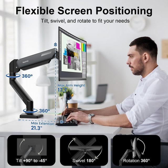 NearHub Einzelmonitor-Arm-Montagehalterung für 13–32 Zoll Bildschirme bis 9 kg, voll bewegliches Gelenkstativ mit C-Klemme, Schwarz-Grau - Bild 1