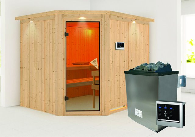 Karibu Sauna Natur mit Edelstahlofen und externem Steuergerät sowie Dachkranz - Bild 1