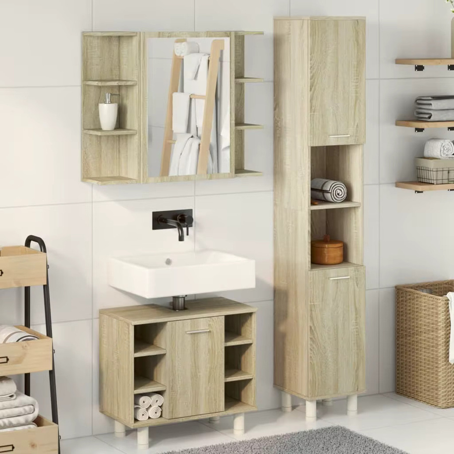 3-teiliges Badezimmer-Möbelset von VIDAXL in Sonoma-Eiche, modernes Design mit Waschtischunterschrank und Aufbewahrungsmöglichkeiten - Bild 2