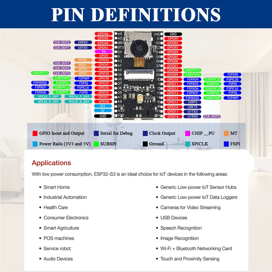 ESP32-S3 Entwicklungsboard mit 2,4G WLAN, Bluetooth, Mikrofon und OV2640 Kameramodul, 8MB PSRAM und 16MB FLASH, Schwarz - Bild 4