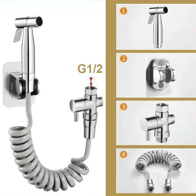 Binchi Outdoor Product Universelles Bidet-Spülsystem aus Messing mit Edelstahl-Sprühpistole und Wandhalterung in Silber - Bild 1