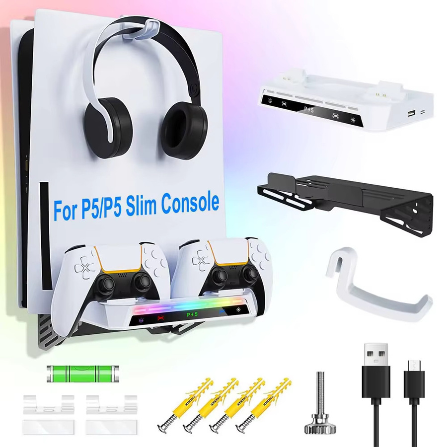 TECTINTER Wandhalterungsset für PS5, PS5 Pro und PS5 Slim mit RGB-Beleuchtung, Dual Controller Ladestation und Headset-Aufhänger, Schwarz - Bild 2