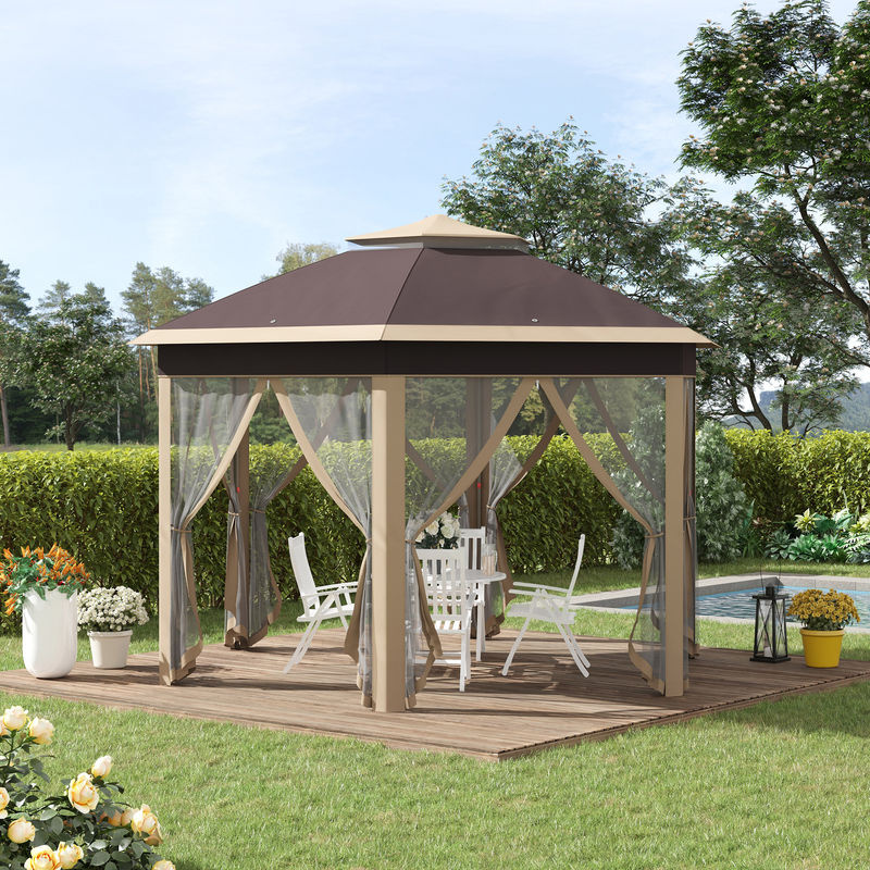 Outsunny Pavillon sechseckig mit Doppeldach und Lüftungsöffnung, wasser- und UV-beständige Abdeckung, Polyester, Beige und Khaki, B/T/H: 4 x 4 x 2,5 m (Beispielmaß zur Veranschaulichung der Struktur, falls im Originaltext vorhanden) - Bild 2