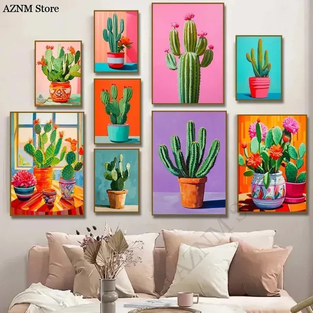 Potdemiel Wandkunst Leinwand Poster mit abstraktem Aquarell Stillleben Kaktus und Blumen in Mehrfarbig - Bild 1