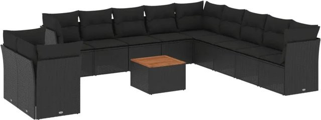 vidaXL 12-teilige Garten-Sofagarnitur in L-Form aus Polyrattan und Akazienholz mit Kissen in Schwarz - Bild 1