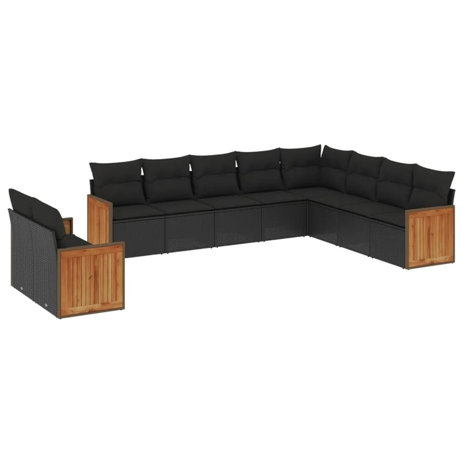vidaXL 10-tlg. Garten-Sofagarnitur aus Poly-Rattan in Schwarz mit Kissen und Akazienholz-Gestell - Bild 2