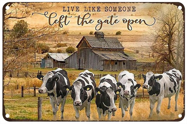 Estiyond Vintage Metall-Blechschild Live Like Someone Left The Gate Open mit Holstein Friesian Rind, rustikale Wanddekoration, Mehrfarbig, B: 20,0 cm, H: 14,0 cm - Bild 1