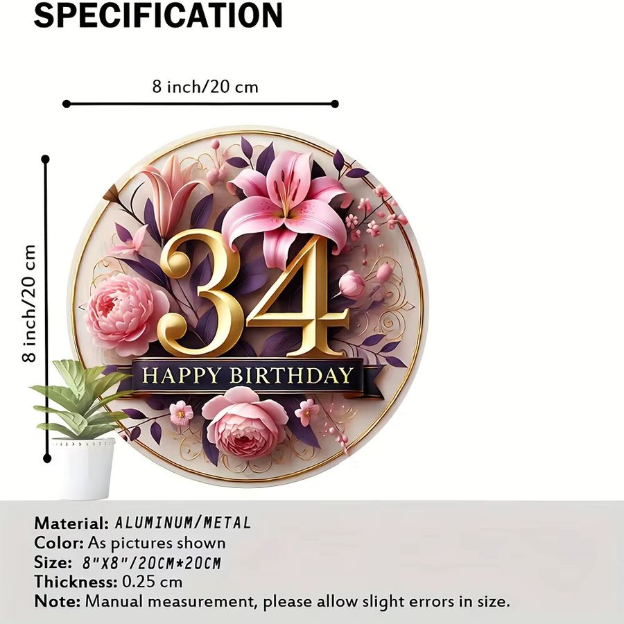 Potdemiel Vintage Metall-Wandblechschild Happy 34th Birthday mit Blumenmuster in Gold und Schwarz, Durchmesser: 20,32 cm - Bild 2