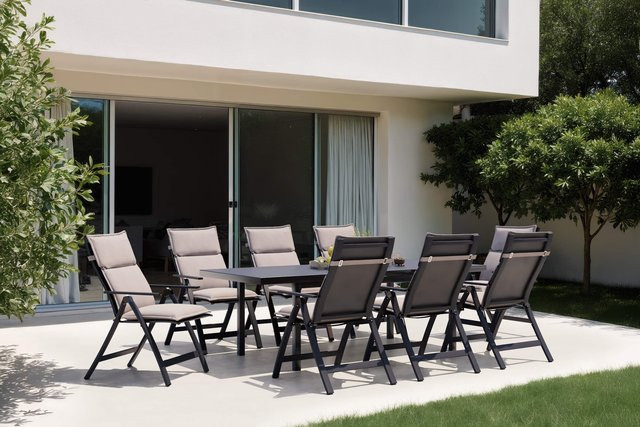 OUTFLEXX Lagos Garten-Essgruppe aus Aluminium und Glas in Anthrazit und Natur mit 8 Klappstühlen und Auflagen, Tisch erweiterbar B: 180-240 cm, T: 100 cm - Bild 1