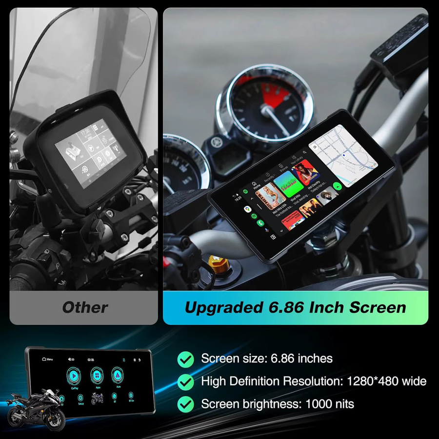 Jansite Tragbarer Motorrad-DVR mit 6,86 Zoll IPS-Bildschirm, GPS-Navigation, Wireless CarPlay und Android Auto, Bluetooth, IPX7 Wasserdicht, Schwarz - Bild 5