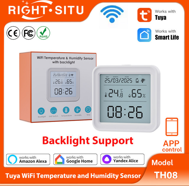 RightSitu TH08 Tuya WiFi Temperatur- und Feuchtigkeitssensor mit Hintergrundbeleuchtung, Hygrometer und Thermometer in Weiß, kompatibel mit Yandex und Alexa - Bild 1