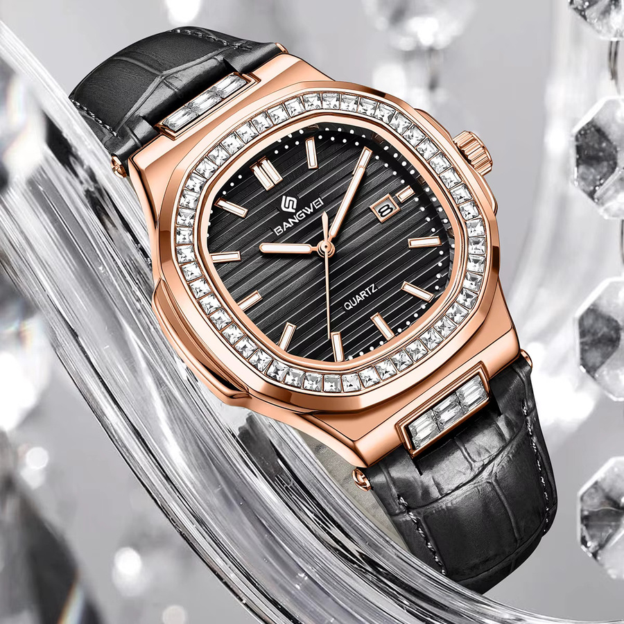 LIGE Armbanduhr, Quarz, Diamantbesetzt, Leder, Damen, Schwarz, Roségold - Bild 5