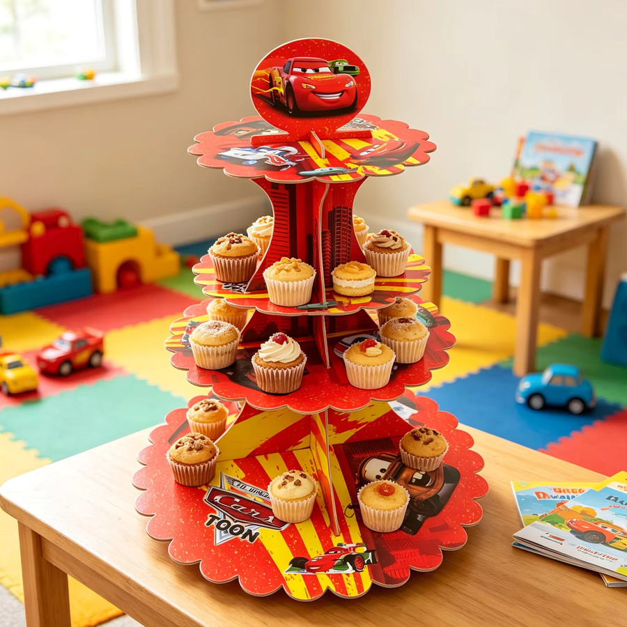 Disney Cartoon Rennwagen Cupcake-Ständer aus Papier, 3-stöckiger Dessert-Präsentationshalter in Rot für deine Geburtstagsparty - Bild 2