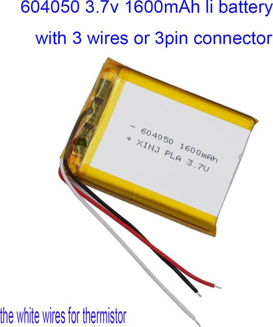 XINJ Li-Polymer Ersatz Akku für GPS-Kamera und LED, 3,7 V, 1600 mAh, 5,92 Wh, gelb, 3 Drähte JST 3pin NTC Thermistor - Bild 1