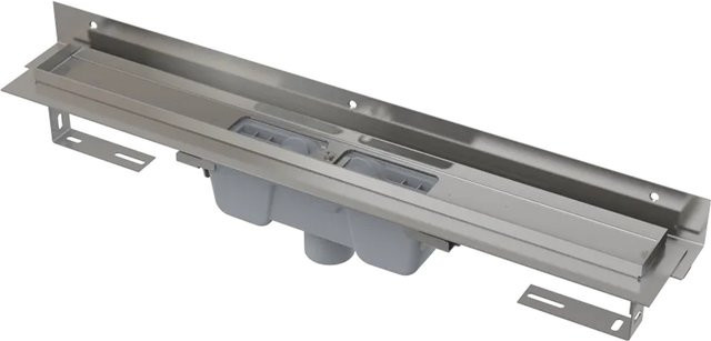 Alcadrain APZ1004-950 Flexible Duschrinne mit Rand und einstellbarem Wandkragen, Abfluss senkrecht, Farbe: Silber - Bild 1