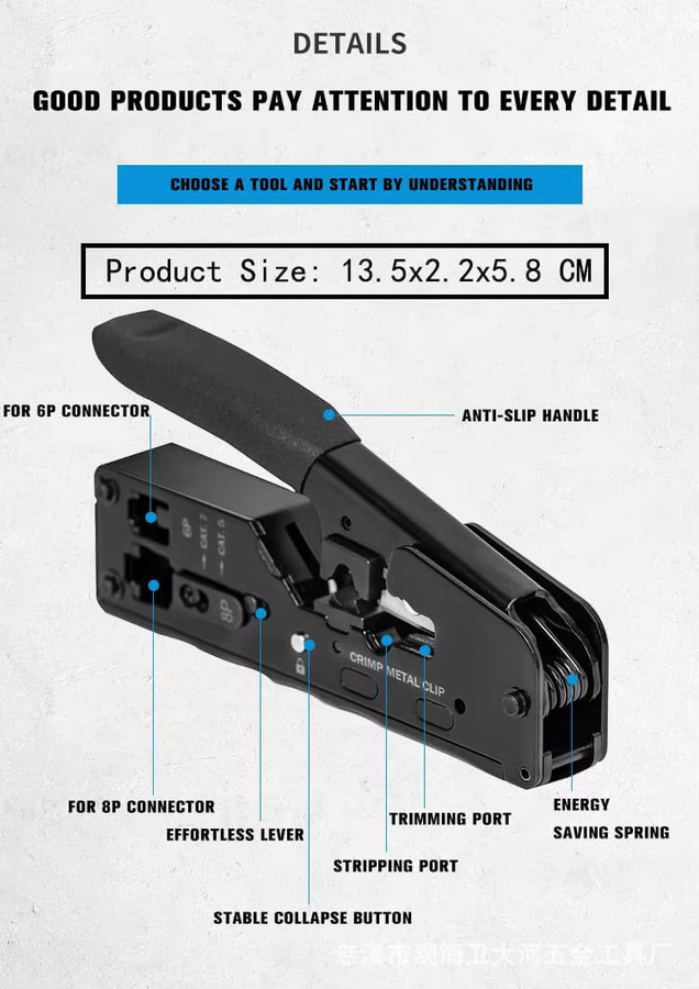 SHOYEE Pass Through Crimp Zange für RJ45 RJ12 RJ11 Ethernet Anschlüsse, Schwarz - Bild 2