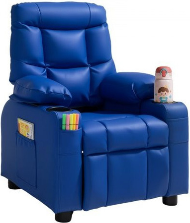 VEVOR Kindersofa aus PU-Leder in Blau mit verstellbarer Rückenlehne, Fußstütze, Getränkehaltern und Seitentaschen