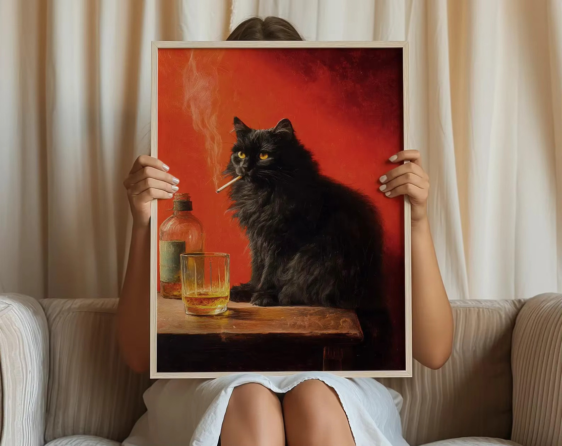 Vintage Poster mit schwarzer Katze im Portrait-Stil von SHENCHEN als skurrile Wandkunst für deine Küche oder Bar - Bild 3