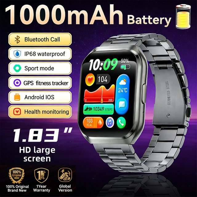 LIGE Smartwatch in Silber mit 1,83 Zoll HD-Display, IP68 wasserdicht, Bluetooth-Anrufe und 1000mAh Akku für Herren - Bild 1