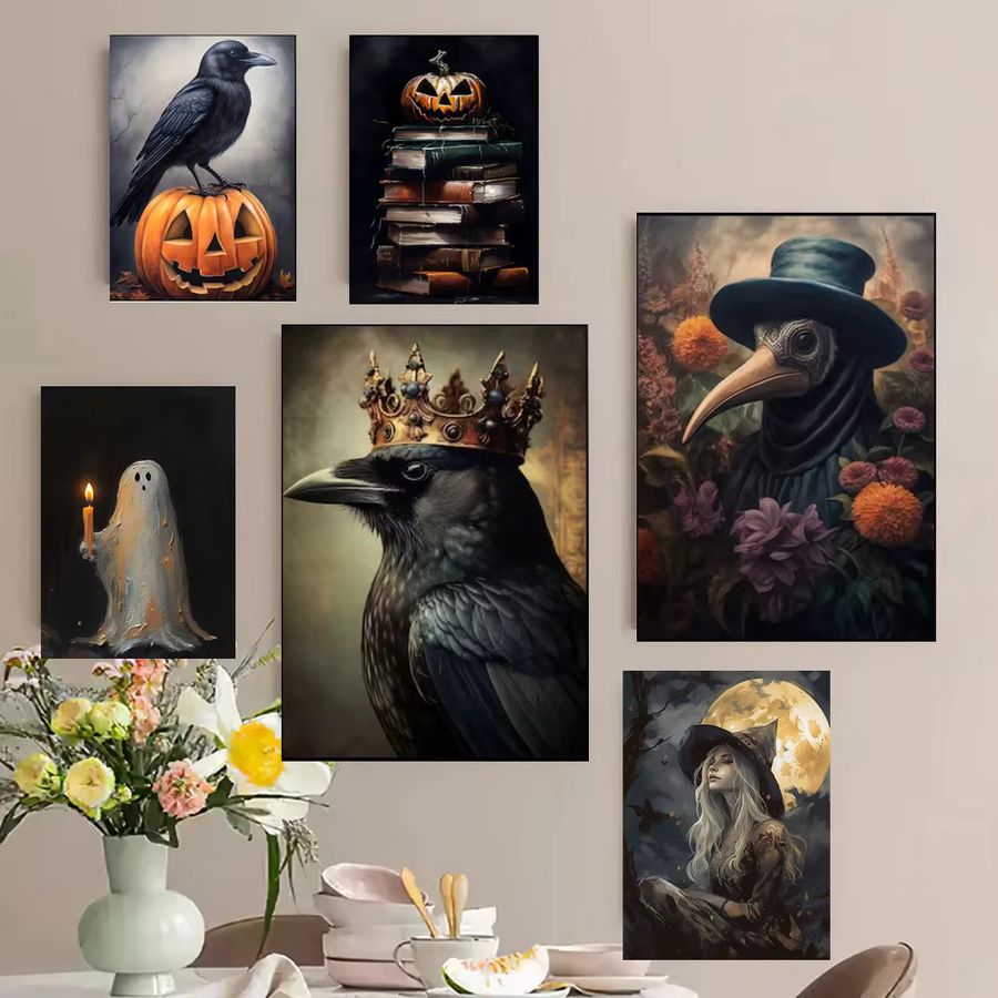 Potdemiel Dark Academia Wandkunst Leinwand im Gothic Stil mit schwarzer Katze, Krähe und Halloween Motiven - Bild 2