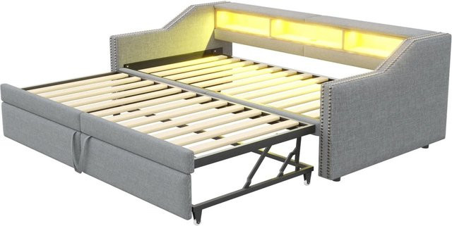 Merax Schlafsofa Hellgrau mit LED-Unterbettbeleuchtung, USB-Anschluss und Stauraum, B/T/H: 180 x 200 x 102 cm - Bild 1