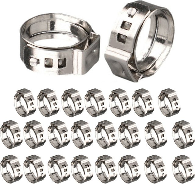25 Stück Einohr-Schlauchklemmen aus Edelstahl in Silber, stufenlose Klemmringe für PEX-Rohre, Durchmesser: 6,5–17 mm - Bild 1