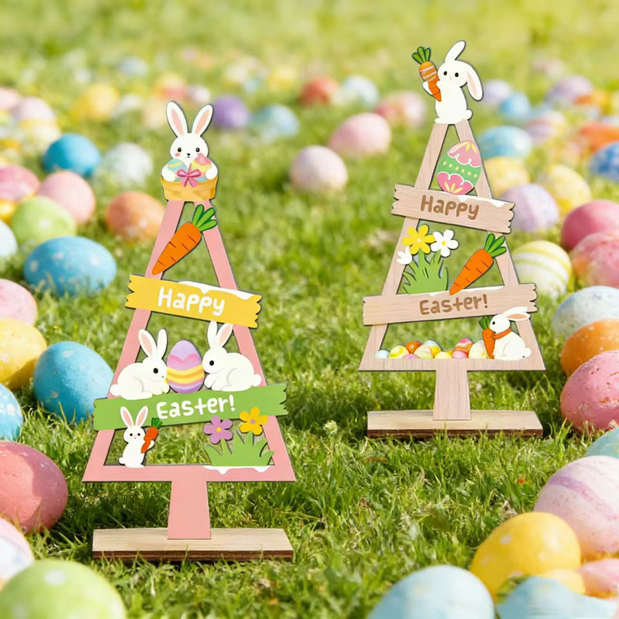 Handgefertigte Oster-Holzhasenfigur mit bemaltem Ei in Mehrfarbig als Frühlingsdekoration im Landhausstil - Bild 2