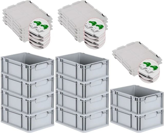 PROREGAL Spar Set 10x Eurobox Nextgen Economy mit Scharnierdeckel und grünen Schiebeschnappverschlüssen, Grau, H x B x T: 17 x 30 x 40 cm - Bild 1