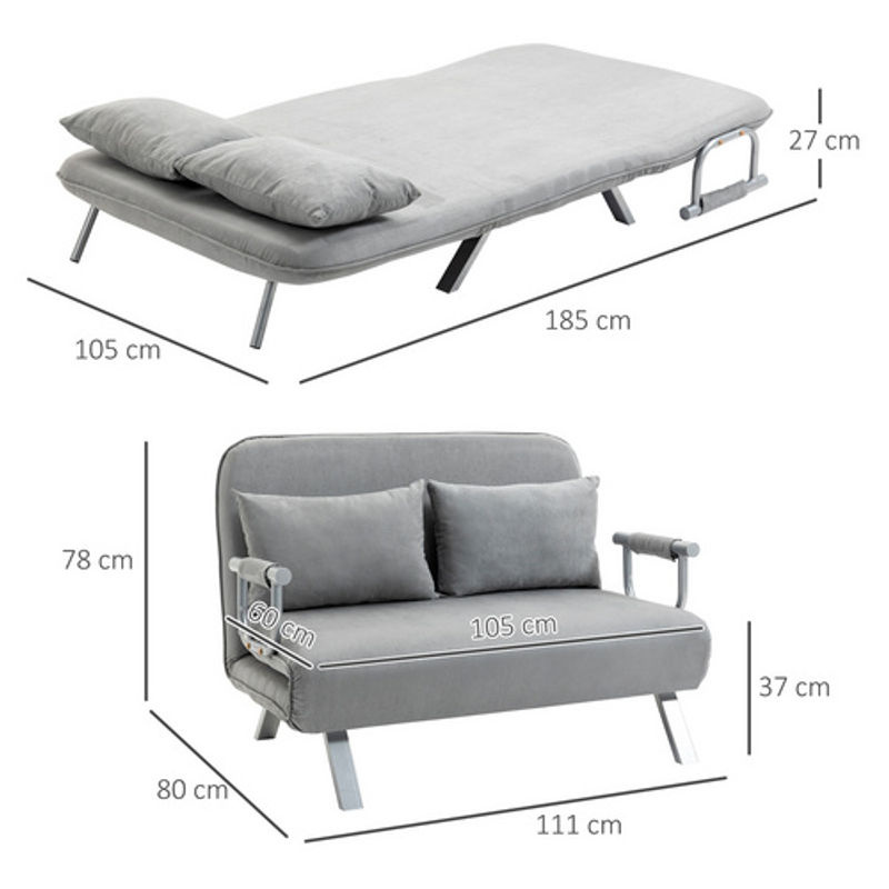 HOMCOM Schlafsofa Zweisitzer aus Samt in Grau mit Bettfunktion und Kissen, B/T/H: 111 x 80 x 78 cm - Bild 3