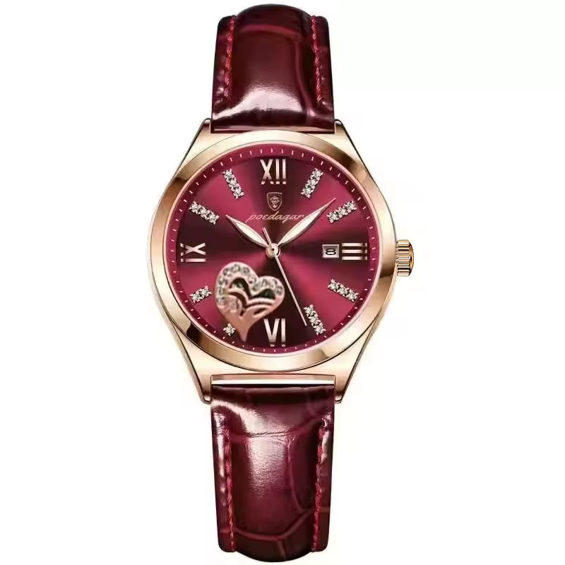 POEDAGAR Armbanduhr, Quarz, Leder, Roségold, Damen, Datum - Bild 6